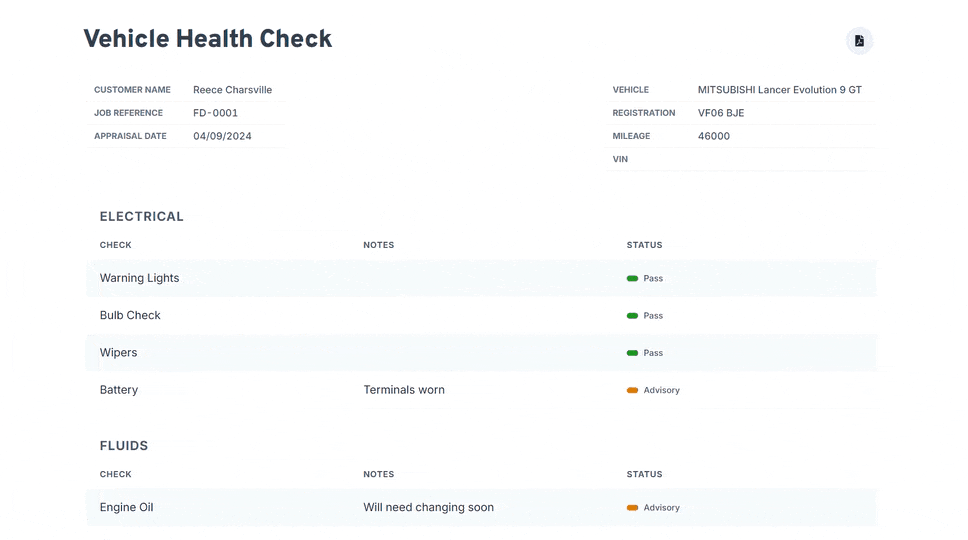 workauto example vehicle health check